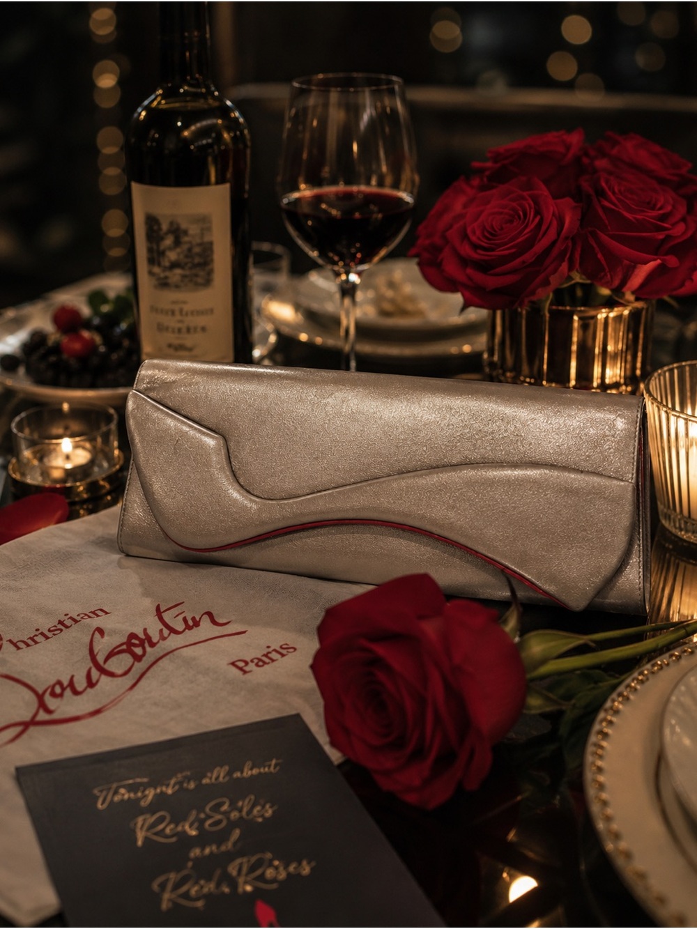Christian Louboutin gold matte Metallic Clutch with Red Trim